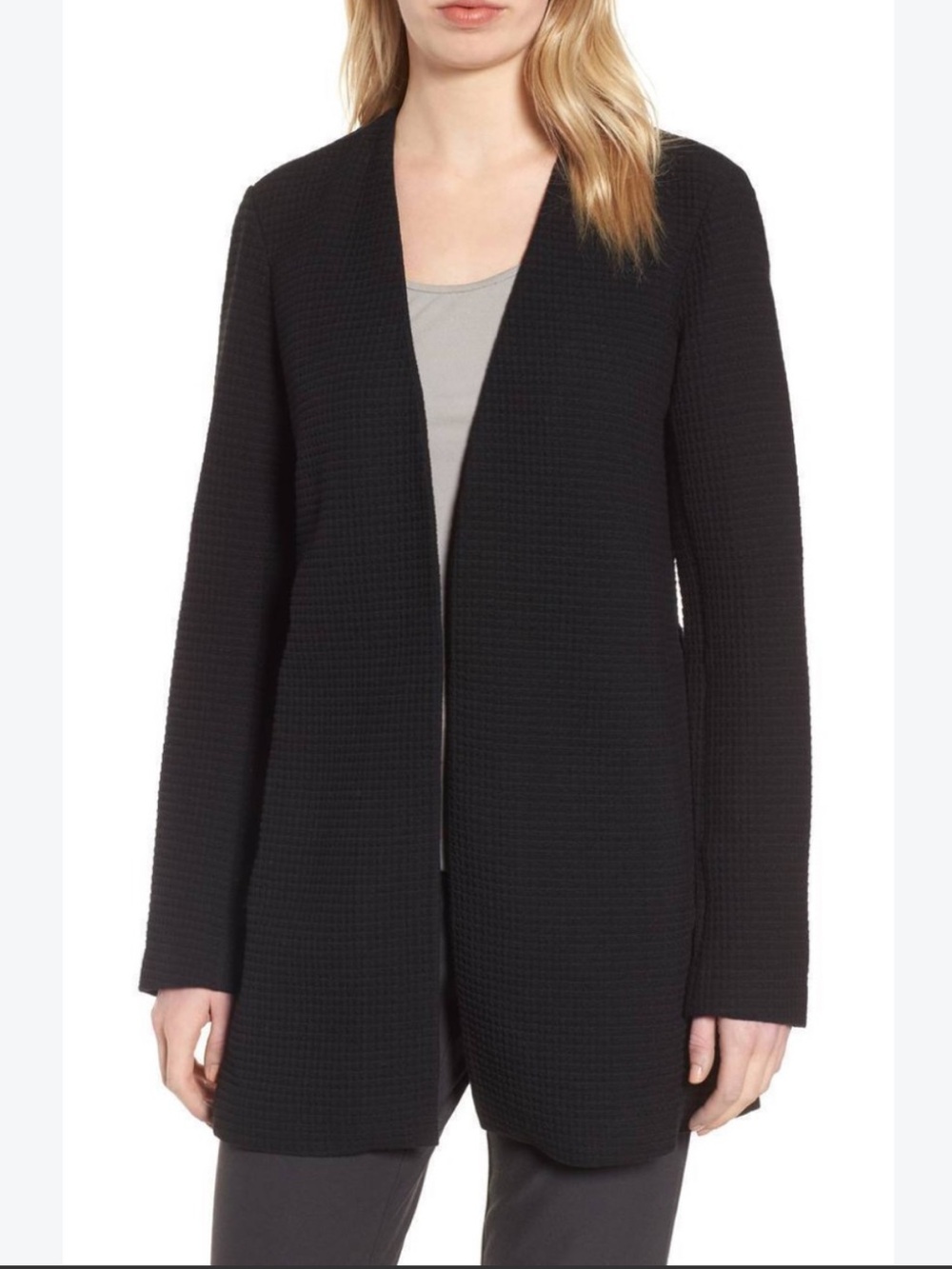 Eileen Fisher Geometry Tencel Waffle Jacket Black Open-Front Long Cardigan M